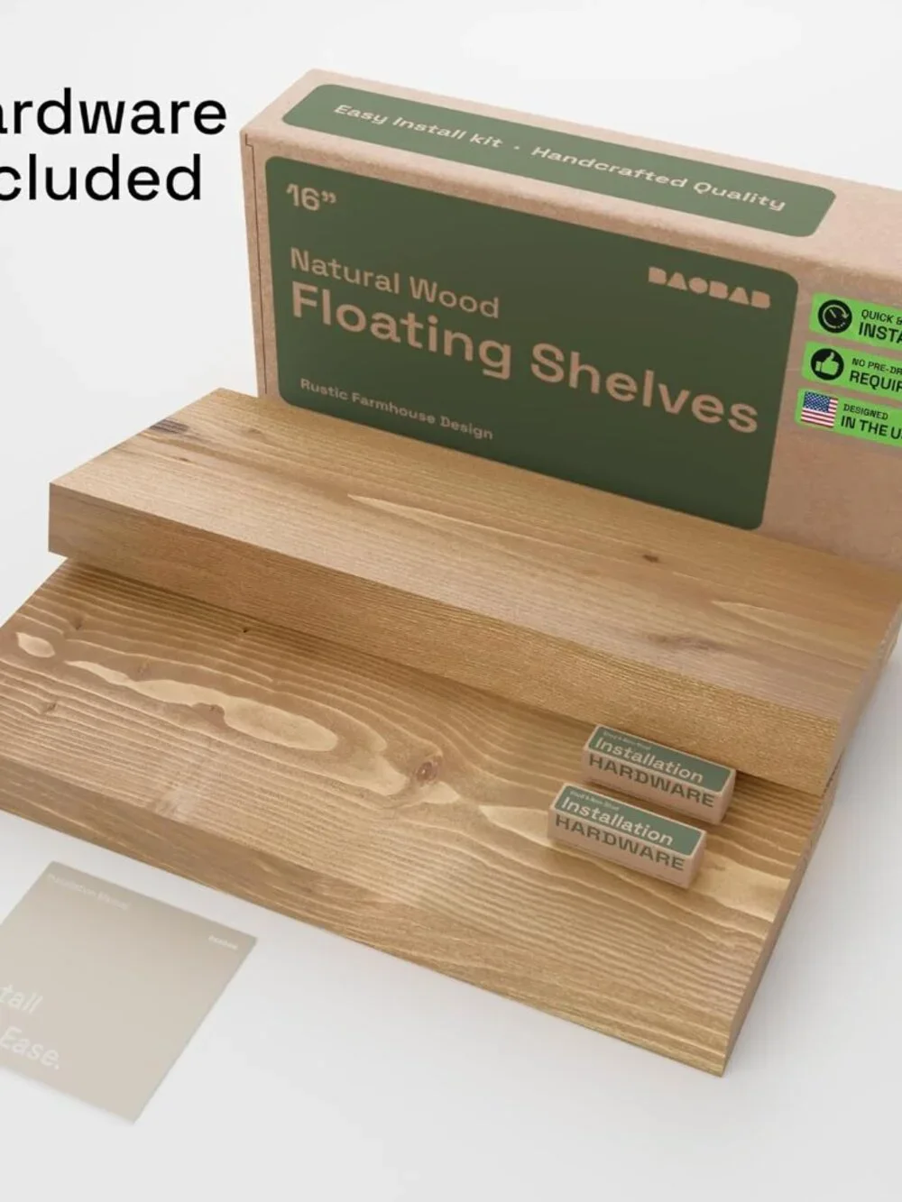 Natural Wood Floating Shelf Set - 16 Inch Oak Finish for Kitchen & Living Room